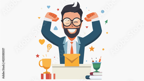 extremely happy surprised guy winner of lottery raffle contest full of joy jumping in air smiling accepting triumph black glasses beard red tie white shirt blue suit jacket 2.5d