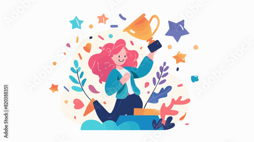 extremely happy surprised girl winner of lottery raffle contest full of joy jumping in air smiling accepting triumph green jacket red hair trophy in hand raised towards sky 2.5d