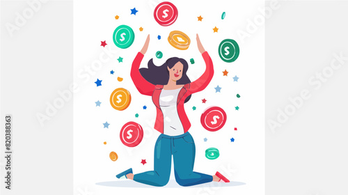 extremely happy surprised girl winner of lottery raffle contest full of joy jumping in air smiling accepting triumph red jacket white shirt red lipstick 2.5d