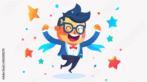 extremely happy surprised guy winner of lottery raffle contest full of joy jumping in air smiling accepting triumph red bow tie blue glasses blue suit jacket 2.5d