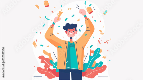 extremely happy surprised guy winner of lottery raffle contest full of joy jumping in air smiling accepting triumph wearing orange jacket green shirt 2.5d