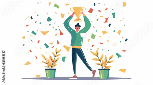 surprised winner of lottery raffle contest full of joy jumping in air smiling accepting triumph raising trophy in air 2.5d