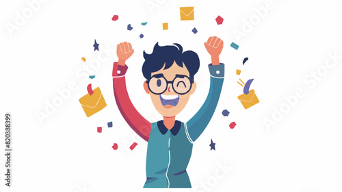 extremely happy surprised guy winner of lottery raffle contest full of joy jumping in air smiling accepting triumph wearing multi color long sleeve shirt 2.5d