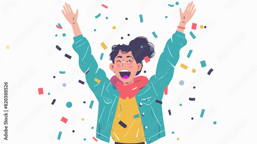 extremely happy surprised girl winner of lottery raffle contest full of joy jumping in air smiling accepting triumph wearing dark turquoise jacket yellow shirt 2.5d extremely happy surprised girl winner of lottery raffle contest full of joy jumping in air smiling accepting triumph wearing dark turquoise jacket yellow shirt 2.5d