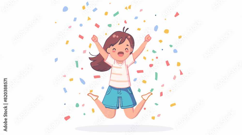extremely happy surprised girl winner of lottery raffle contest full of joy jumping in air smiling accepting triumph wearing white shirt blue shorts 2.5d extremely happy surprised girl winner of lottery raffle contest full of joy jumping in air smiling accepting triumph wearing white shirt blue shorts 2.5d