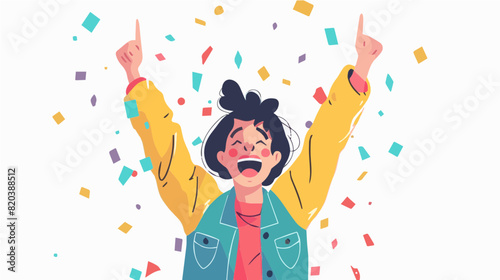 extremely happy surprised girl winner of lottery raffle contest full of joy jumping in air smiling accepting triumph wearing yellow green jacket red shirt 2.5d