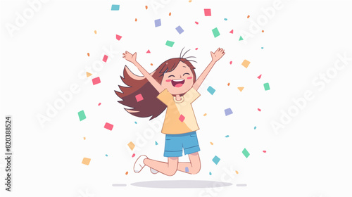 extremely happy surprised girl winner of lottery raffle contest full of joy jumping in air smiling accepting triumph long brown hair blue shorts white shoes 2.5d