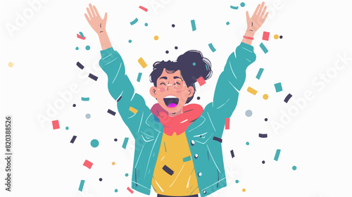 extremely happy surprised girl winner of lottery raffle contest full of joy jumping in air smiling accepting triumph wearing dark turquoise jacket yellow shirt 2.5d