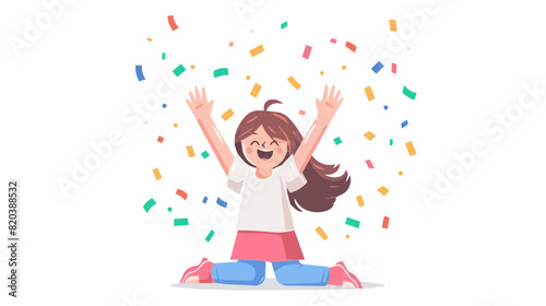extremely happy surprised girl winner of lottery raffle contest full of joy jumping in air smiling accepting triumph wearing white red stripe blue pants red shoes 2.5d