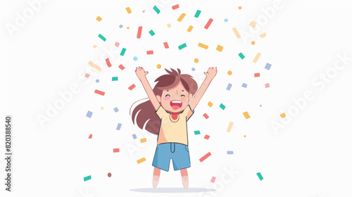 extremely happy surprised girl winner of lottery raffle contest full of joy jumping in air smiling accepting triumph wearing yellow jacket yellow shirt brown hair 2.5d