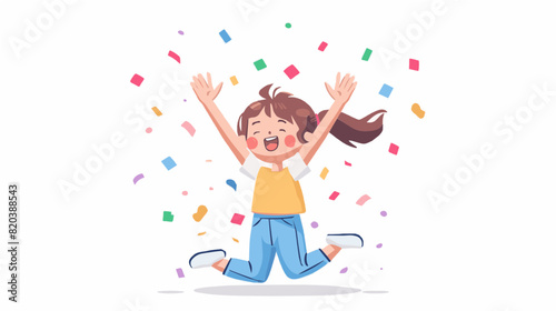 extremely happy surprised girl winner of lottery raffle contest full of joy jumping in air smiling accepting triumph  orange white shirt blue pants white shoes 2.5d