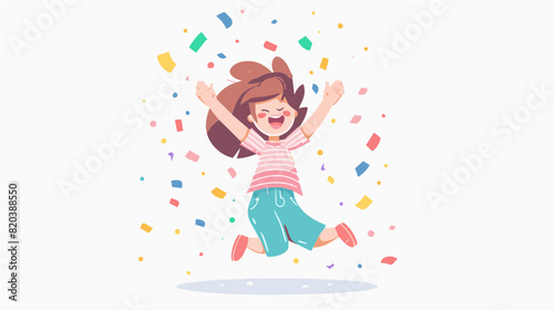 extremely happy surprised girl winner of lottery raffle contest full of joy jumping in air smiling accepting triumph wearing pink stripes green pants 2.5d