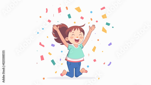 extremely happy surprised girl winner of lottery raffle contest full of joy jumping in air smiling accepting triumph wearing green white shirt blue pants 2.5d