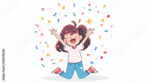 extremely happy surprised girl winner of lottery raffle contest full of joy jumping in air smiling accepting triumph wearing pink shirt blue pants 2.5d