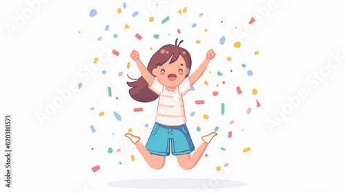 extremely happy surprised girl winner of lottery raffle contest full of joy jumping in air smiling accepting triumph wearing white shirt blue shorts 2.5d