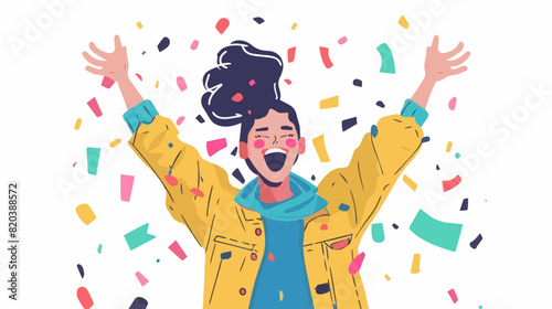 extremely happy surprised girl winner of lottery raffle contest full of joy jumping in air smiling accepting triumph wearing yellow jacket blue green shirt 2.5d