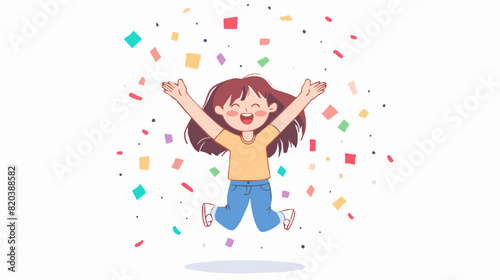 extremely happy surprised girl winner of lottery raffle contest full of joy jumping in air smiling accepting triumph wearing orange shirt blue pants 2.5d