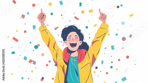 extremely happy surprised girl winner of lottery raffle contest full of joy jumping in air smiling accepting triumph wearing yellow jacket red collar 2.5d