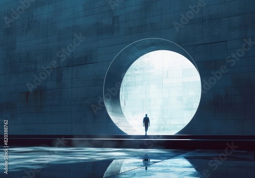 Minimalist scene with a man walking towards a portal in a futuristic architecture, creating a sense of anticipation and wonder. photo