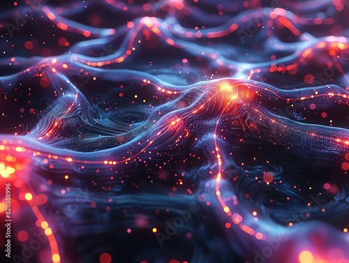 An abstract representation of neural networks  with glowing nodes and connections forming and shifting