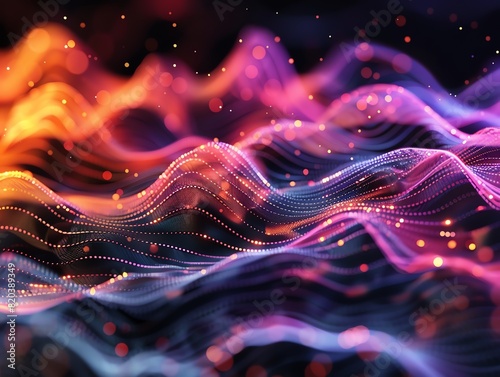 A dynamic visualization of sound waves with colorful pulses, moving in sync with a music beat
