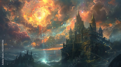 A fantasy castle surrounded by swirling magical energies and enchanted creatures