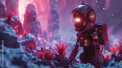 A futuristic robot exploring an alien planet, with strange plants and glowing landscapes