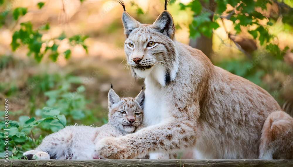 Fototapeta premium Mother eurasian lynx with cub, capturing a moment of maternal care and protection in the forest