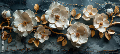 panel wall art, wall decoration, marble background with flowers designs