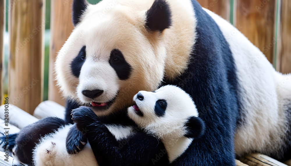 Giant panda mother embracing her baby on a bamboo platform, creating a heartwarming scene of love and care Giant panda mother embracing her baby on a bamboo platform, creating a heartwarming scene of love and care