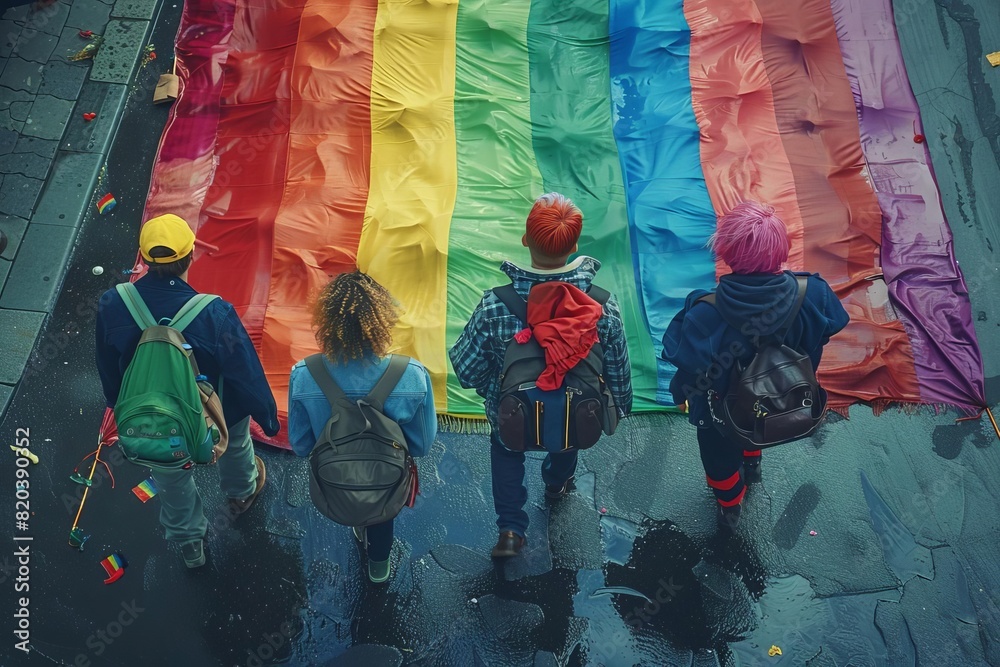 top view, young modern weirdos, lgbtqia flag, with colored hair walking on all fours, protest in