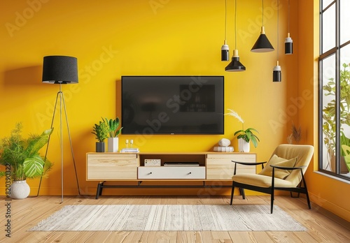 modern interior design of yellow living room with tv on cabinet and armchair, mock up photo