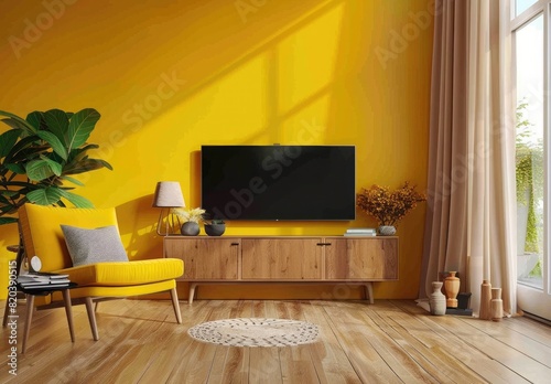 modern interior design of yellow living room with tv on cabinet and armchair  mock up
