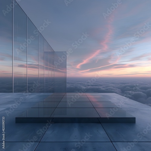 Minimalist Deconstructivist Architecture: An Empty Platform Overlooking a Twilight Glass Edifice in 3D Rendered Hyperrealism photo