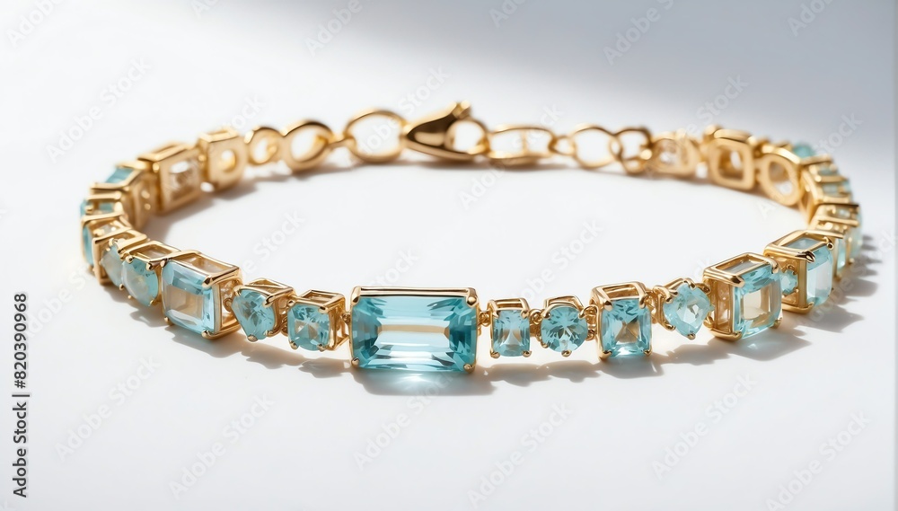 Obraz premium gold bracelet with aquamarine gemstone crystals on pla plain white background from Generative AI