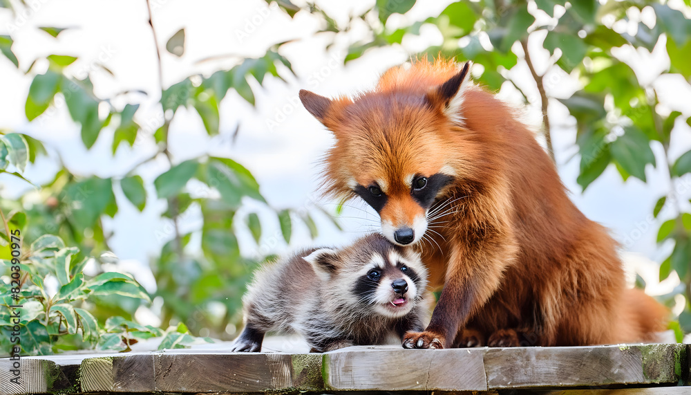 Red fox with a baby raccoon, highlighting a unique moment of interspecies affection in a natural setting Red fox with a baby raccoon, highlighting a unique moment of interspecies affection in a natural setting