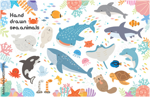 水族館　海の生き物　手描きイラスト素材セット