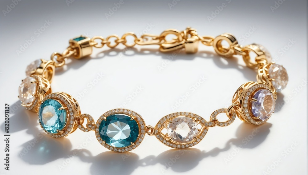 gold bracelet with large gemstone crystals on plain white background from Generative AI