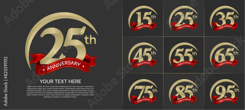 anniversary logotype set vector, gold color with red ribbon for special day celebration