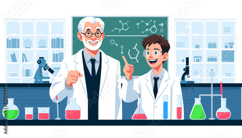 Concept of an image of a college student under the guidance of a professor in a university laboratory. Vector illustration.