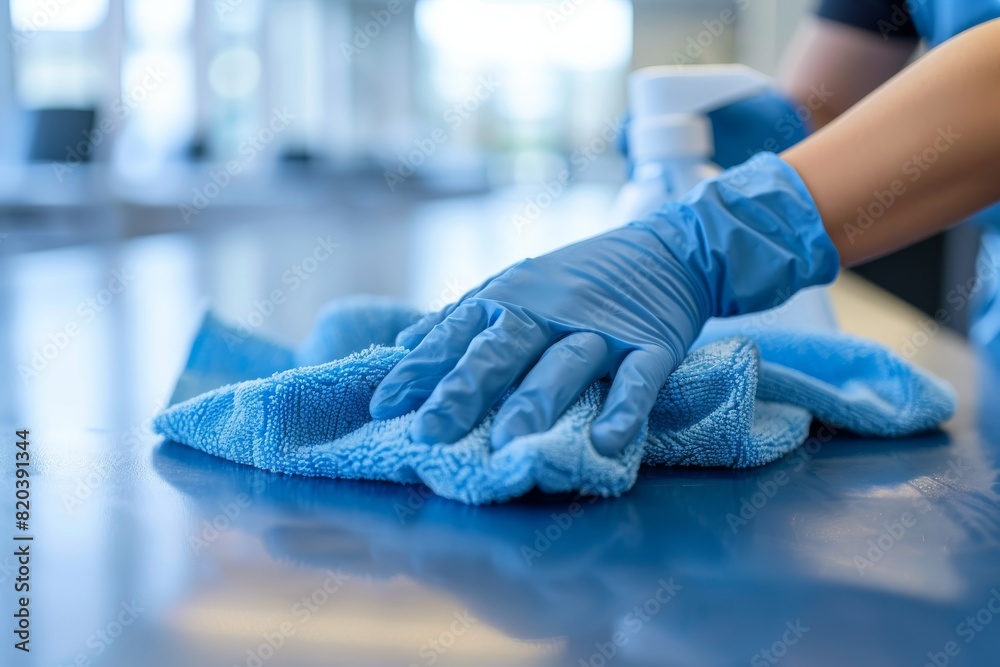 Closeup hand in blue rubber protective glove wiping and cleaning Closeup hand in blue rubber protective glove wiping and cleaning