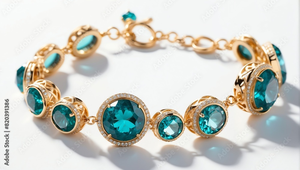 gold bracelet with teal gemstone crystals on plain white background from Generative AI gold bracelet with teal gemstone crystals on plain white background from Generative AI