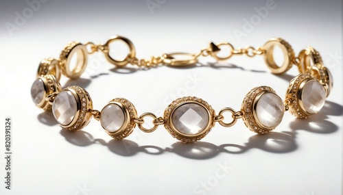 Wallpaper Mural gold bracelet with quartz gemstone crystals on plain white background from Generative AI Torontodigital.ca