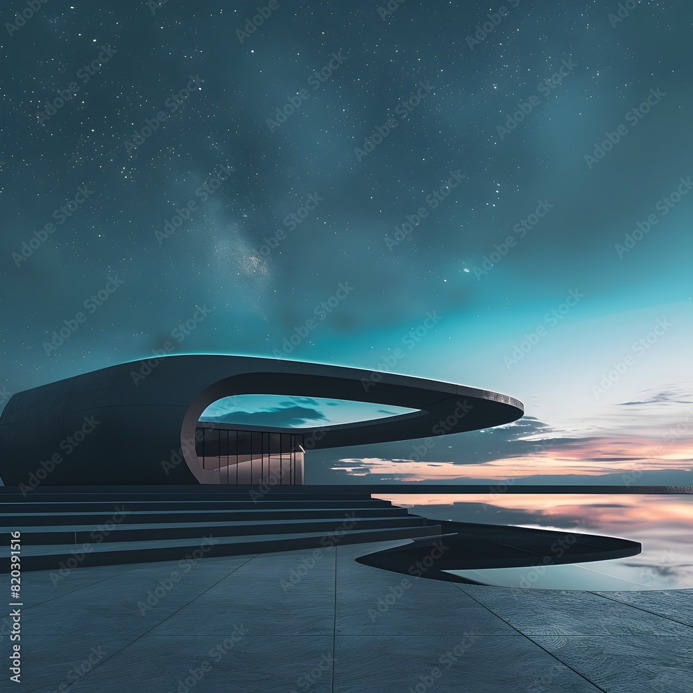 Minimalist International Style Architecture: Futuristic Building at Night with Bioluminescent Sky Minimalist International Style Architecture: Futuristic Building at Night with Bioluminescent Sky