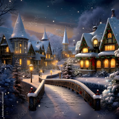 Fairytale winter scene with wooden bridge and fairy tale castle.