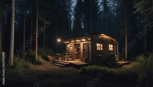 toolshed on a forest at night photo from Generative AI © Arceli