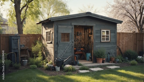 toolshed on backyard at spring photo from Generative AI