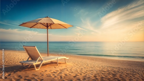 Beautiful soft colored  mediterranean beach, a chaise longue under an umbrella, Summer minimalist, see, sand background. photo