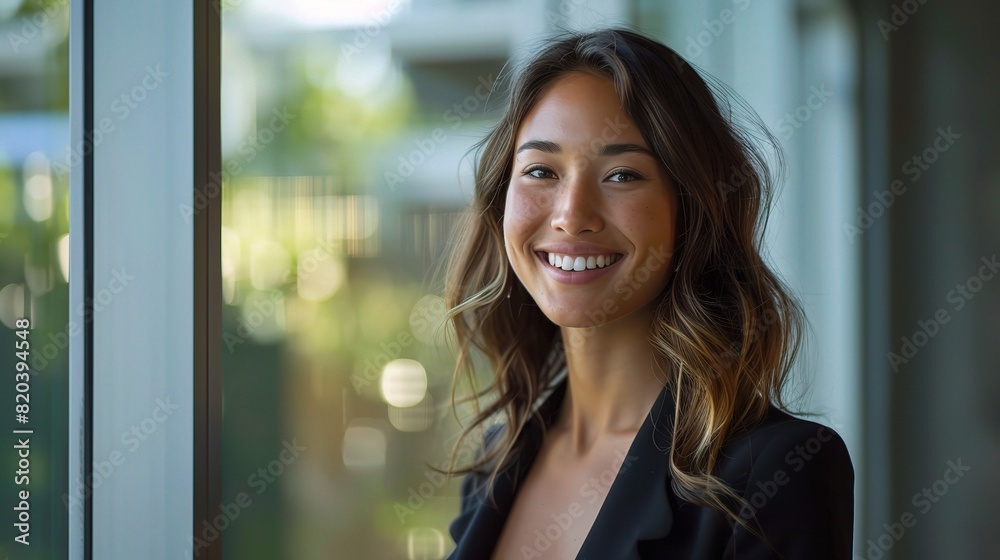 happy, smiling face and portrait of a businesswoman standing by a window, reflecting on her career