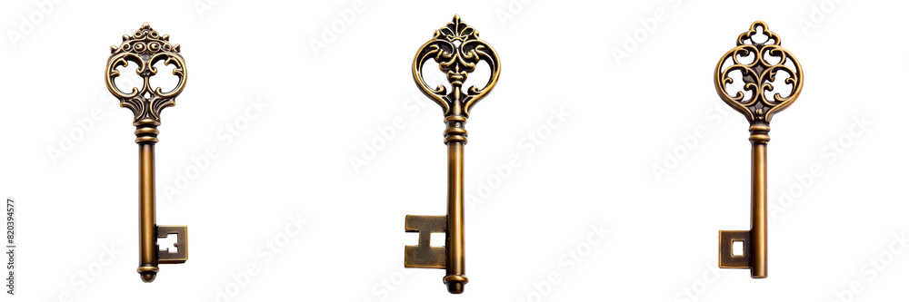 A set of antique bronze keys isolated on transparent background A set of antique bronze keys isolated on transparent background
